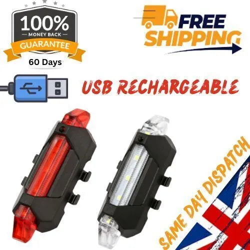 USB Rechargeable Bike Lights Rear Front Hazard Waterproof LED Front & Rear Light