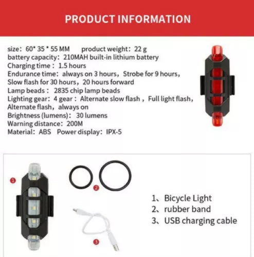 USB Rechargeable Bike Lights Rear Front Hazard Waterproof LED Front & Rear Light